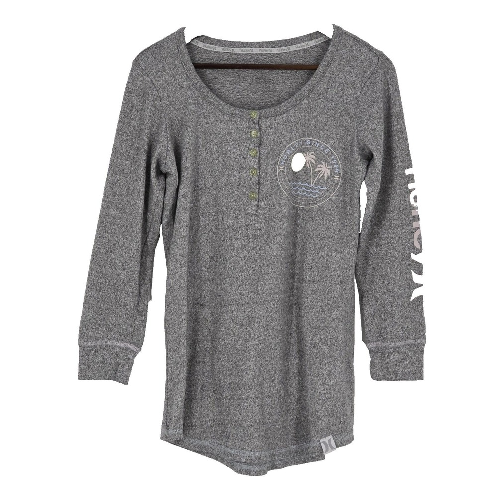 Hurley Waffle Knit  Womens Small Gray Henley Surf Long Sleeve Logo Palm‎ Casual